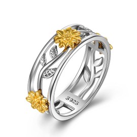 Sunflower Rings for Women 925 Sterling Silver Sunshine Wedding Rings for Mum Wife Gift Size 6-7, Sterling Silver