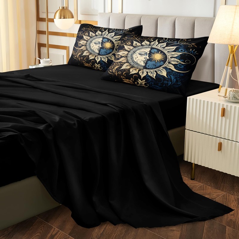 Sun and Moon Comforter Set Black Boho Bedding Set Celestial