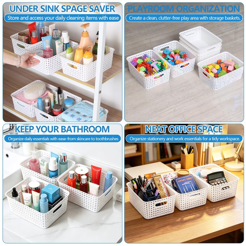 Nicesh 6-Pack Small Storage Baskets, Woven Plastic Basket, White