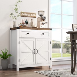 HOSTACK Coffee Bar Cabinet, Kitchen Storage Cabinet, Modern Farmhouse Buffet Sideboard with Drawer and Adjustable Shelf, Barn Door Accent Cabinets for Kitchen, Dining Room, Entryway, White