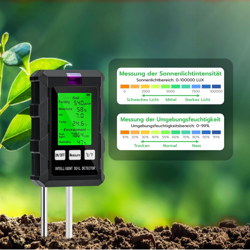 Wigearss 6-in-1 Soil Meter pH Moisture Temperature Light Soil Tester
