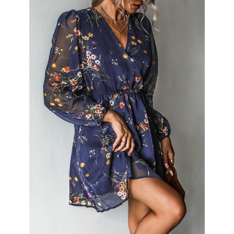 CUPSHE Women's Floral Print Sheer Chiffon A-Line Mini Dress Long