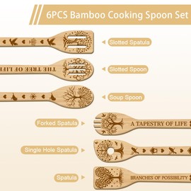 GLOBLELAND 6Pcs Tree of Life Wooden Spoons Utensil Set Bird Bamboo Carving Kitchen Cooking Utensils Wooden Engraved Cooking Spatula Set for Kitchen Fun House Warming Gift