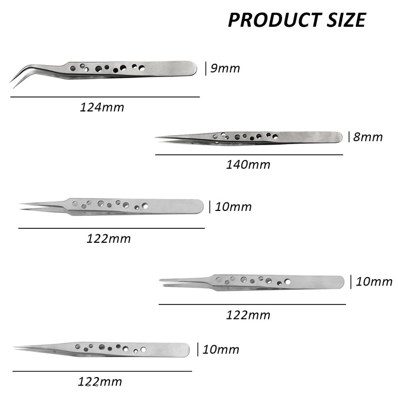 5 Pieces Stainless Steel Anti-Static Tweezers, 4 Pieces Straight Tweezers