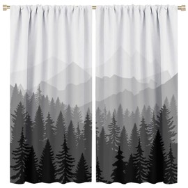 Forest Blackout Curtains Mountains Trees in The Fog Forest Nature Landscape Black Gray Art Printed for Living Room Bedroom Decor Rod Pocket Window Drapes 2 Panels 42x45in