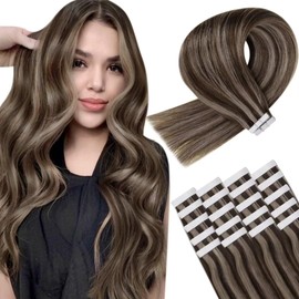 Hetto Tape in Hair Extensions Human Hair Brown Highlights Tape in Real Hair Extensions for Women Invisible Tape in Hair Extensions Real Human Hair Brown Mix Ash Blonde 16 Inch 50g 20pcs