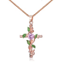 Sttiafay Crystal Cross Necklace Chain Leaf Wrapped Cross Diamond Necklace Rose Gold Long Chain Necklace Jewellery for Women and Teen Girls (Rose Gold)