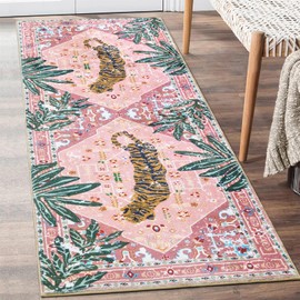 Aldopein Oriental Tropical Hallway Runner Rug 2x8 Washable, Thin Stain Resistant Pink Boho Runner Rug for Entryway Kitchen Bedroom Laundry, Vintage Abstract Hippie Indian Botanical Long Floor Carpet