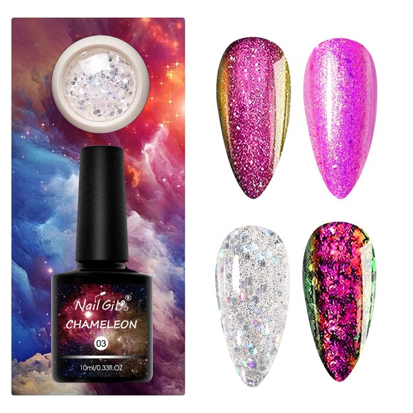 Chameleon Gel Nail Polish, Dual Colors Upgrade Chameleon Gel Polish with Glitter Cloud Sequin, Holographic Galaxy Gel Sock Off UV Nail Gel Polish, Red and Yellow