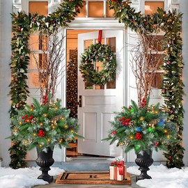 QIANF Set of 2 Pre-lit Artificial Christmas Trees with Multi-Color Lights, Golden & Red Berries, Cones, Battery Operated Lighted Front Porch Urn Filler Outdoor Christmas Decorations for Yard Pathway