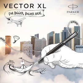 Parker Penna stilografica Vector XL | Laccatura nero metallizzato su ottone | Pennino medio con ricarica di inchiostro blu | Confezione regalo