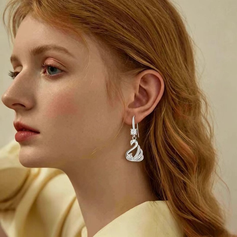 Sterling Silver Swan Drop Dangle Earrings for Women - Hypoallergenic