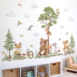 wondever Wall Sticker Forest Animals Tree Large Pine Wall Sticker Animals Bear Fox Deer Wall Sticker Wall Decoration for Children's Room Girls Baby Room
