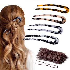 hisial 4Pcs French Hair Pin and 50Pcs Brown Bobby Pins for Women U Shape Sticks Vintage Fork for Hairstyle Accessories(Tortoiseshell/Black/White)
