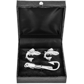MRCUFF Fish Fisherman Fishing Hook Pair of Cufflinks & Tie Bar Clip in Presentation Gift Box & Polishing Cloth