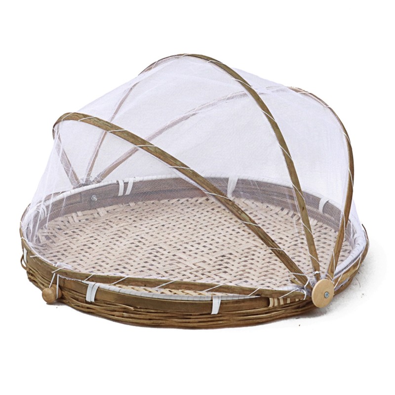 Covered Bamboo Serving Food Tent Basket Hand Woven Round Food