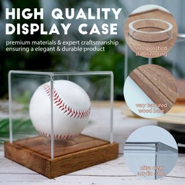 JupDec Baseball Display Case, Clear Cube Baseball Holder with Wooden Base, Autograph Baseball Stand Box for Single Ball, Acacia Wood, Brown, 2 Pack