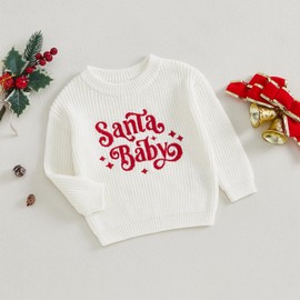 BULINGNA Infant Baby Girl Boy Christmas Sweater Long Sleeve Santa Baby Knitwear Oversized Pullover Tops Fall Winter Outfit (White, 0-6 Months)