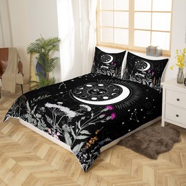 Sun and Moon Galaxy Bedding Set Girls Double Size Constellations Duvet Cover Set for Kids Boys Branches Plants Comforter Cover Boho Exotic Style Black and White Quilt Cover with 2 Pillowcase