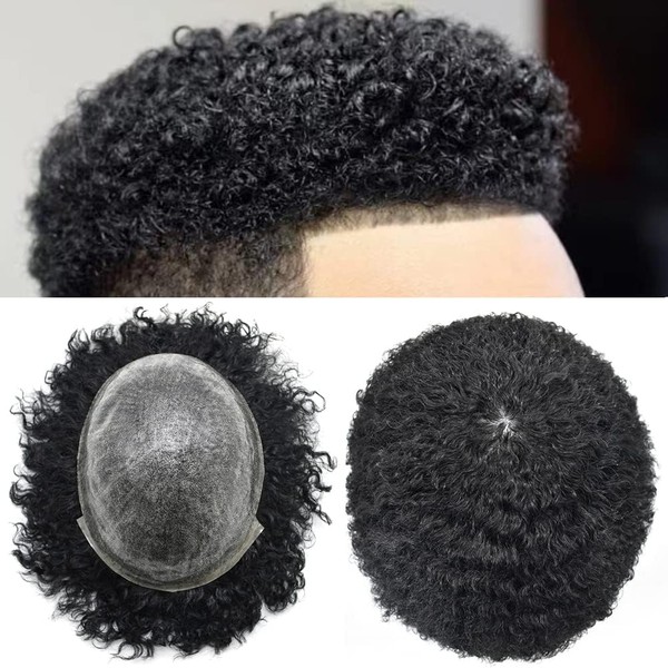 Hair Units for Black Men Afro Toupee for Black Men Kinky Curly Human Hair Piece Replacement African American Afro Wavy Men Toupee Hairpiece Thin Skin Men Hair System(8"X10", 1Jet Black-8mm Wave Curl)