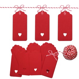 PCP 100 Pcs Gift Tags 9x4.5cm Kraft Paper Tags with 30m Jute Twine String for Arts & Craft, Luggage Label, Weddings, Valentines & Christmas, 300g/m² (Red)