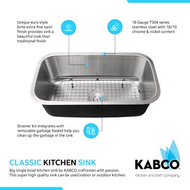 KABCO 30 Inch Single Bowl Undermount Stainless Steel Classic Kitchen Sink with Kitchen Sink Strainer, Bottom Sink Grid, Rust or Corrosion Resistant, Sound and Heat Proof Swirl Finish Sink