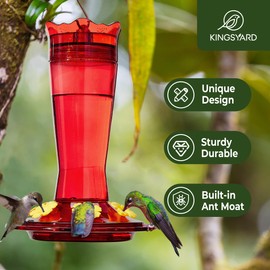 Kingsyard Glass Hummingbird Feeder for Outdoors Hanging - 6 Bee Guard Feeding Ports & Built-in Ant Moat, Wild Bird Feeder for Outside Garden Yard Patio 14 Oz, Red