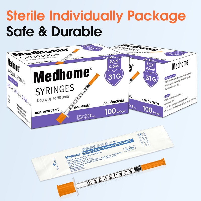 Medhome 0.5ml 31G 5/16inch Syringe, Individually Wrapped, Pack of 100