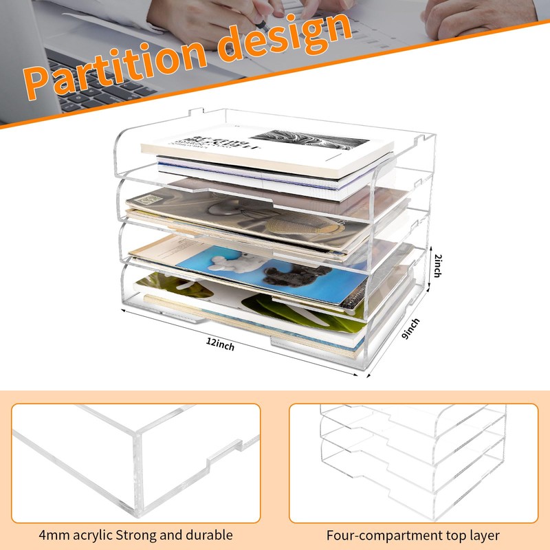 4 Pack- Stackable Paper Letter Tray,Clear Acrylic Magazine Holder and