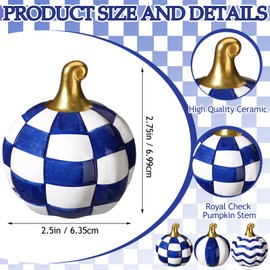 DoubleFill 6 Pcs Grid Blue Ceramic Chinoiserie Pumpkins Fall Farmhouse Table Centerpiece Porcelain Pumpkin Tiered Tray and Mantel Ornaments for Indoor Thanksgiving Autumn Decor