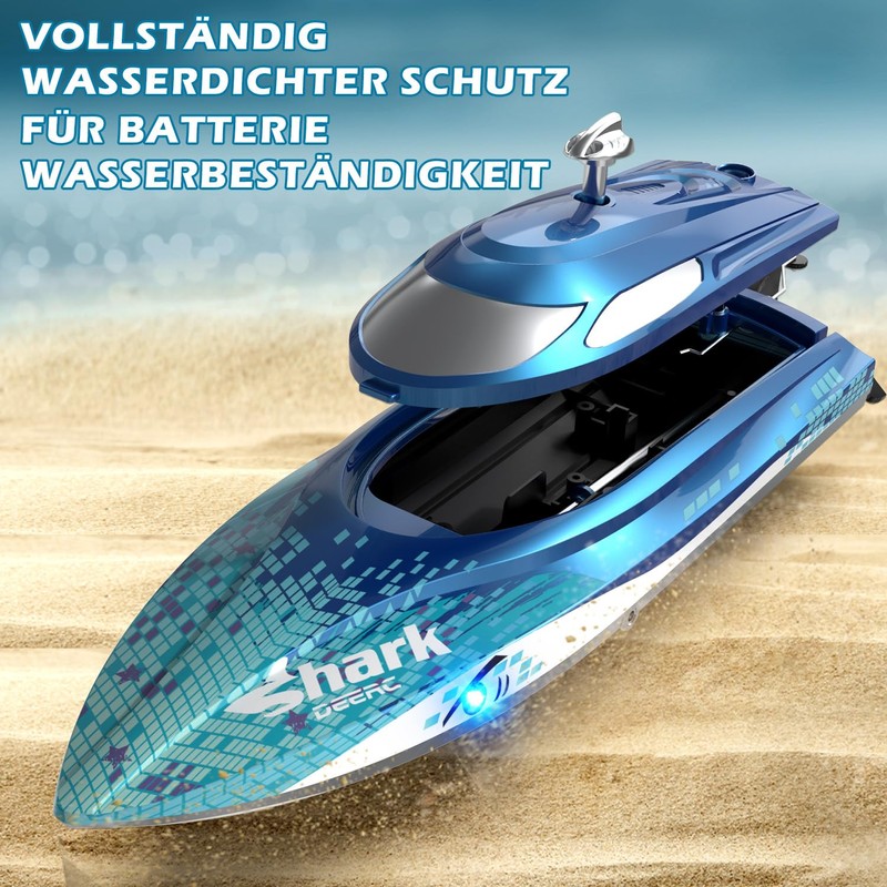 DEERC RC Boat with LED Light, Remote Controlled Shark Boat