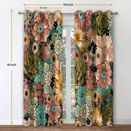 Jekeno Boho Floral Blackout Curtains Colorful Flowers Bohemian Decor for Bedroom Living Room Grommet Window Drapes 2 Panel Set, 52"x84"
