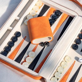 Lingle Backgammon Sets for Adults, Classic Board Game with Folding Faux Leather Backgammon Case, Portable Travel Backgammon Game Set (Orange)