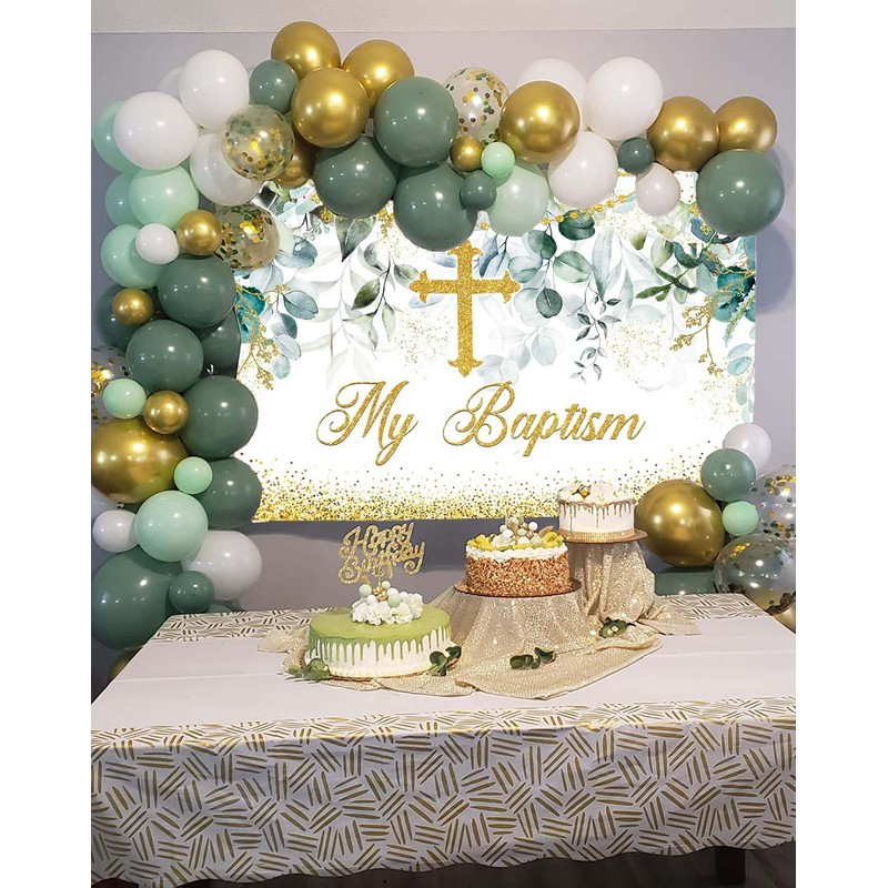 My Baptism Backdrop Greenery Leaves Wreath Baptism Gold Cross God