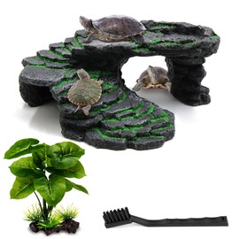 Moonorange Turtle Basking Platform Kit, Reptile Habitat Hideout, Decorative Resin for Aquarium & Terrarium, Including Artificial Plant and Cleaning Brush. (B-Medium-Black)