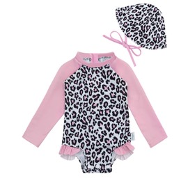 babygoal Infant Baby Girl One-Piece Swimsuit Long Sleeve Rash Guard with Hat Set, Leopard Pint Zipper Toddler Bathing Suit for Beach & Pool- YZU04-3-6M-B