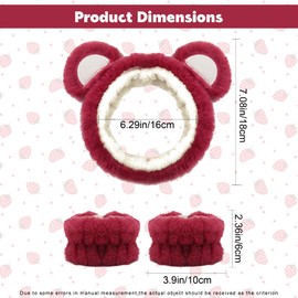 JazSwirl Face Wash Headband and Wristband Set, 3 Pcs Skincare Headbands and Wristband Set 1 Face Wash Headband 2 Face Wash Wristbands, Cute Animal Ears Plush Headbands for Washing Face (Red Bear, 1)