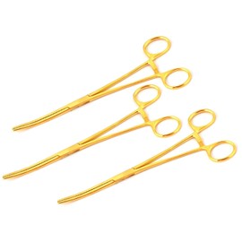 MuskalMed Set of 3 8" Long Gold Color Curved Hemostat Forceps - Stainless Steel Locking Tweezer Clamps - Ideal Hemostats for Nurses, Fishing Forceps, Crafts and Hobby,