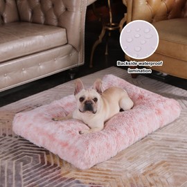 Bedfolks Waterproof Dog Crate Bed,Plush Dog Bed with Removable Washable Cover,Faux Fur Dog Crate Pad for Large Dogs,Fluffy Dog Kennel Bed 35"x23",Pink
