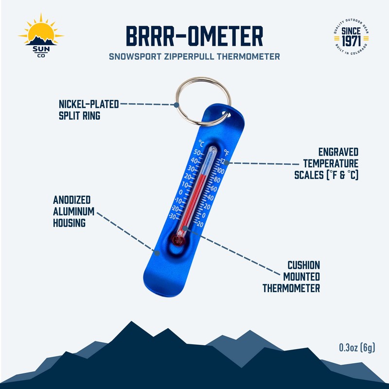 Sun Company Brrr-ometer - スノースポーツに最適なジッパー金具型温度計 | 上着、パーカ、荷物に取り付けることができ、アウトドア、スキー、スノーボードに最適な温度計 ブルー