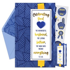 Decorably Gold-Foil 5x8in Handmade Individual Happy Fathers Day Card For Husband with Ribbon, Greeting & Heart Cutout, Father's Day Card for Husband with Envelope and Stickers, Printed Message Inside