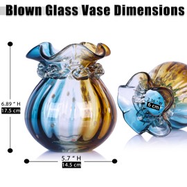 oliruim Hand Blown Glass Vase, Modern Blue Brown Blown Round Art Glass Vase Home Centerpiece for Dining Room, Coffee Table, Office Desk, Wedding, Beautiful Stained Glass Decor Flower Vase