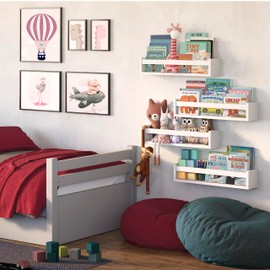 NATURE SUPPLIES Set of 4, White Floating Nursery Book Shelves, 23.1" Solid Wood Floating Bookshelves, Wall Book shelf for Kids Rooms Decor, Toys & Playroom Furniture, Kids Bookshelf, Nursery Bookshelf