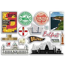A5 Sticker Sheet Belfast Landmarks Vinyl Stickers - Northern Ireland Irish Airport Stamps Skyline Flag Map Travel Holiday Scrapbooking City Luggage #79132