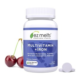 EZ Melts Multivitamin + Iron - Daily Multivitamin for Women & Men - Supports Healthy Energy Levels & Antioxidant Protection - Non-GMO & Vegan - Tropical Cherry - 60 Dissolvable Tablets (30 Servings)