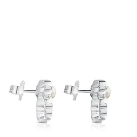TOUS Aretes de Plata de Primera Ley para Mujer con Motivo Oso de 1.4 cm y Perla, Plata de Ley 925, Elegante y Versátil, Colección Silueta