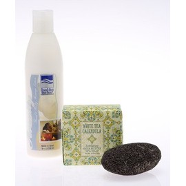 8 oz Serenity Hand and Body Massage Lotion, 6.35 oz White Tea Soap, Pumice Stone