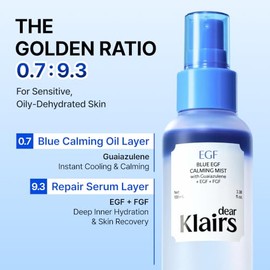 DearKlairs Blue EGF - Niebla refrescante bifásica, EGF+guaiazuleno, acabado ligero no pegajoso, piel grasosa deshidratada y sensible, enfriamiento y c