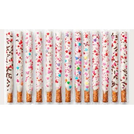 Valentine’s Day Chocolate Pretzel Rods – 16 Individually Wrapped White Chocolate Dipped Pretzel Sticks – Gourmet Sweet & Salty Valentine Candy Gift for Her, Him, Kids, Parties & Treat Boxes
