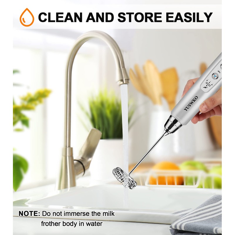 YUSWKO Rechargeable Milk Frother Handheld with 3 Heads, Silver Coffee